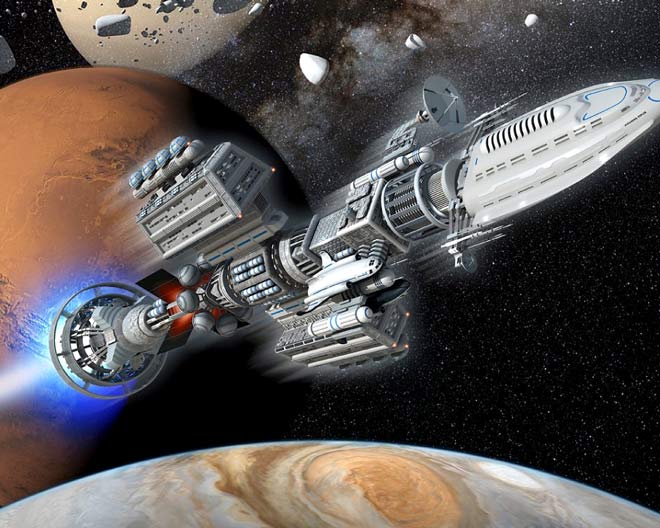 Grafik Raumschiff fliegt durch Planetensysteme Planetarium