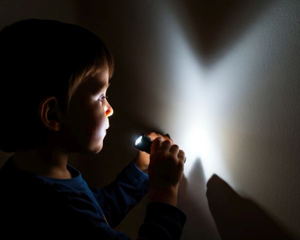 Young caucasian male child exploring shadows with flashlight in dark room Taschenlampe Kind