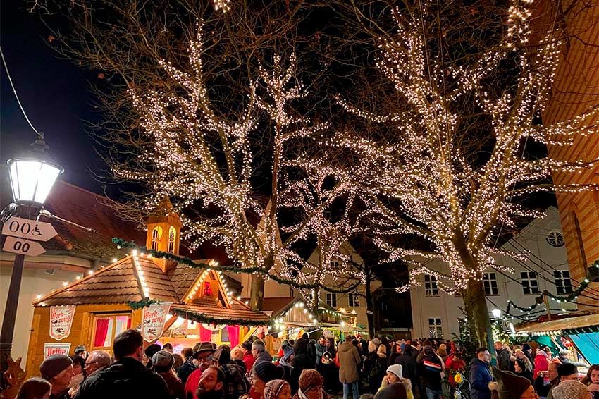 Friedberger Advent, Blick auf den Markt mit beleuchteten Bäumen